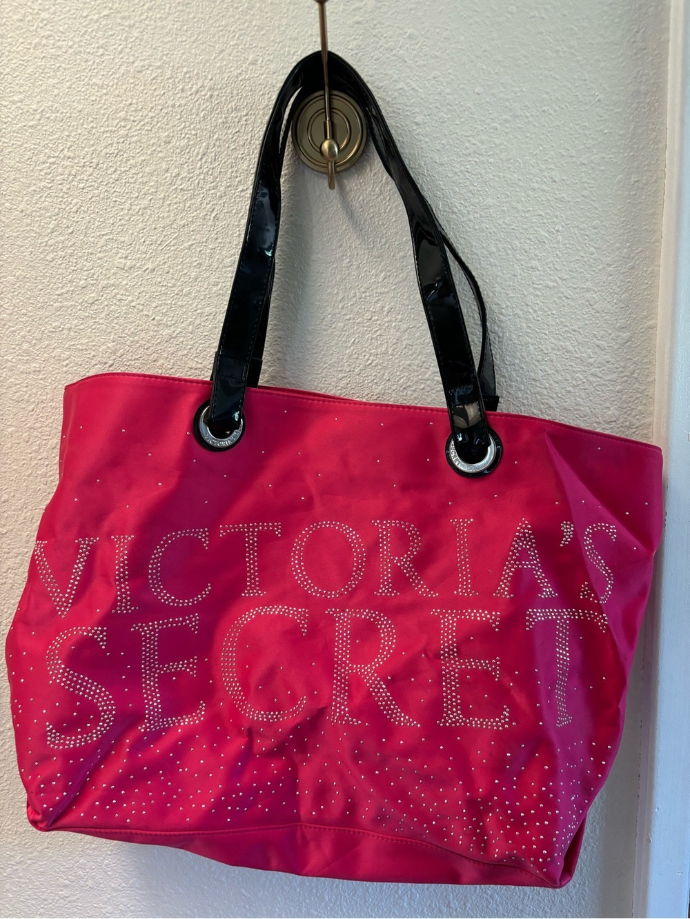 Victoria's Secret Hot Pink Rhinestone Logo Tote with Black Patent Handles